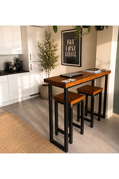 UmutHomeDesing UMUTPARK METAL MASİF AHŞAP MUTFAK MASASI VE TABURESİ(Meşe Renk).