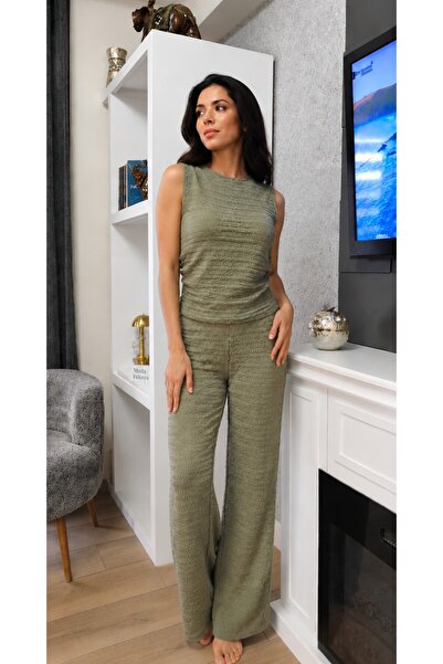 moda felinya Women's Khaki Color Wrinkled Fabric Sleeveless Two-Piece Suit wi...