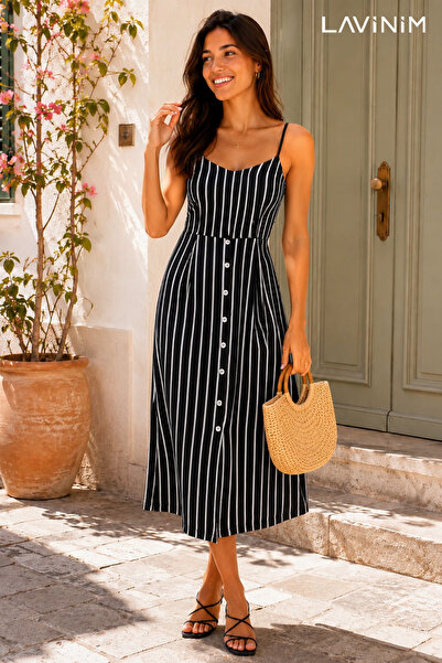 LAVİNİM Rochie midi de vară cu dungi alb-negru și nasturi pentru femei