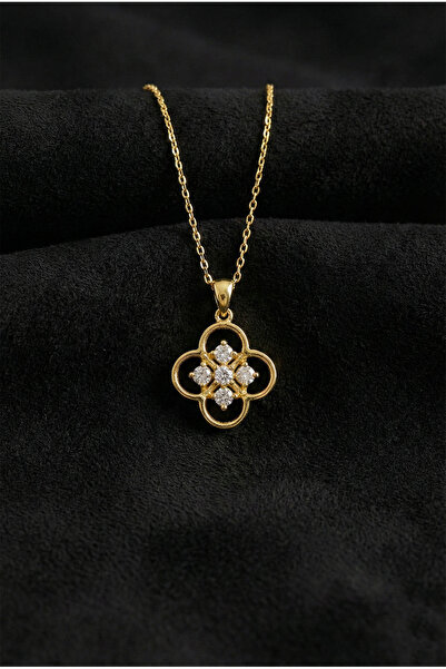 Roza Silver 925 Ayar Zirkon Taşlı Gold One Cleef Gümüş Kolye