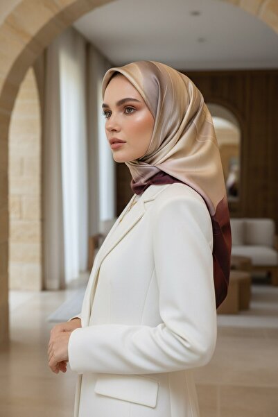 Vissona %100 Twill İpek Duman Desenli Bej - Şarabi Renkli 90x90 Eşarp Dikim Ş...