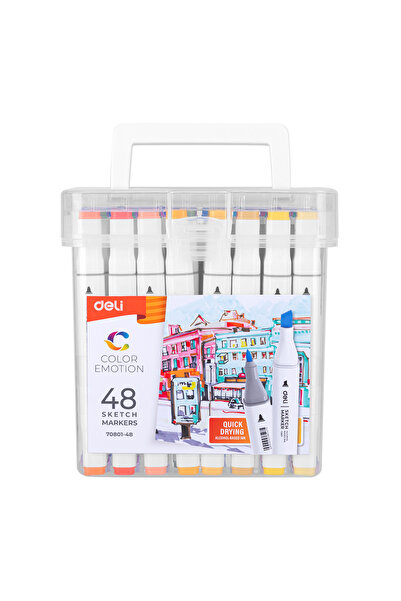 Deli SET OF 48 SKETCHING MARKERS WITH DOUBLE TIP 1MM/7MM, PLASTIC CASE,