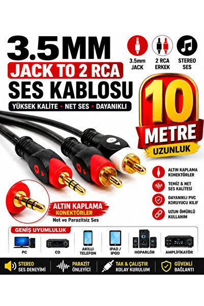 harry 10 Metre Stereo 3.5mm To 2 Rca Kablo Aux 5+1 Ses Sistemi - 10m