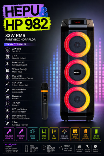 HEPU HP-982 Partybox Bluetooth Hoparlör – 3×8” Hoparlör, 30W Güç, RGB Işık, T...
