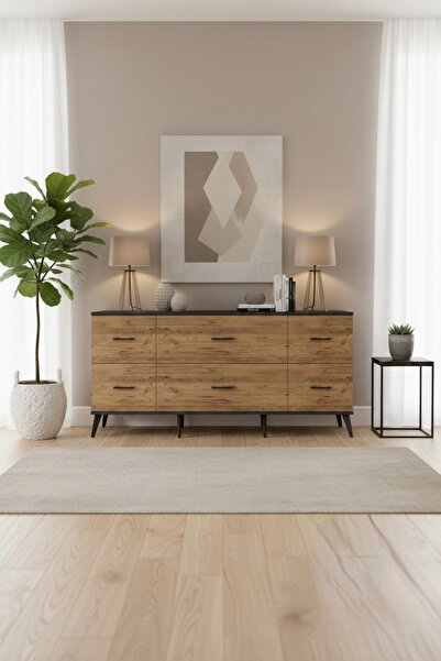 mobihobi Luna Konsol 6 Çekmeceli 176x44x83 Antrasit-Çam: Şıklık ve Fonksiyone...