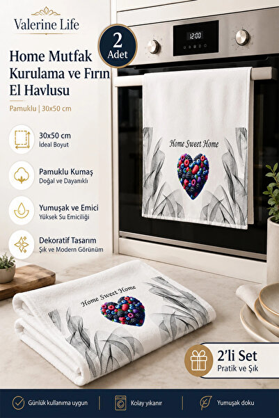 Valerine Life Güzel Evim Hearted Kitchen Drying and Oven Hand Towel Cotton Wh...
