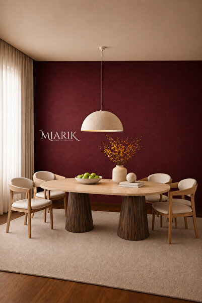 MIARIK DESIGN Ahsap Ayaklı Traverten Mermer Yemek Masası