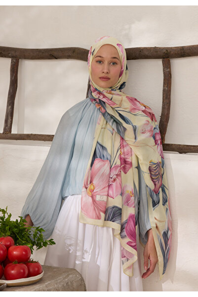 Freshscarfs Elegant Flower Desen Rami Şal Soft Sarı