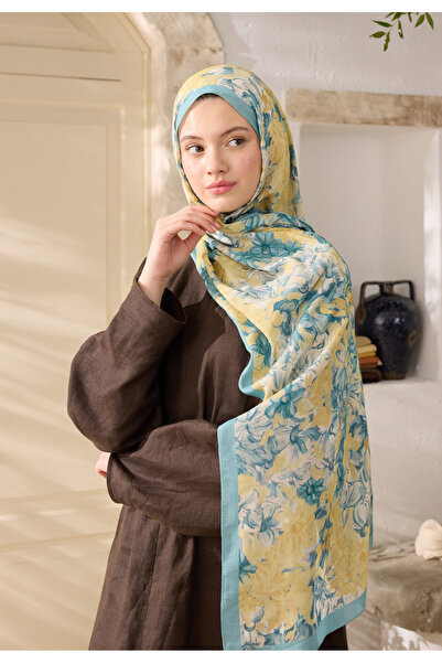 Freshscarfs Summer Bloom Desen Rami Şal Soft Mavi