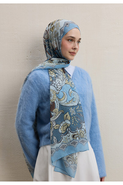 Freshscarfs Poppıes Desen İpek Krep Şal İndigo