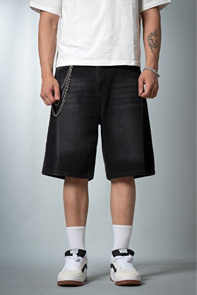 UKHWD SUPPLY Pantaloni scurți pentru bărbați Black Baggy Denim Urban Jort