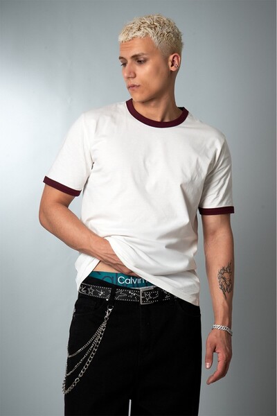Crupt Studio Tricou pentru bărbați Essential, alb, cu contrast burgundy, croi...