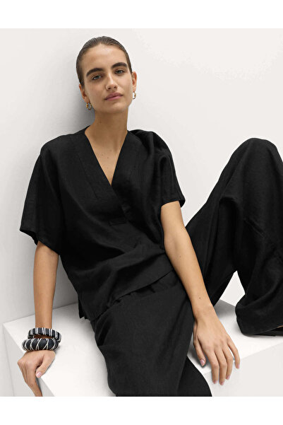 Marks & Spencer %100 Keten V Yaka Popover Bluz