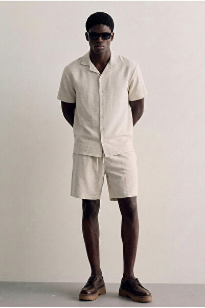 DAMGA JEANS Men's Summer Linen Shirt Elastic Waist Shorts Cream Two-Piece Set