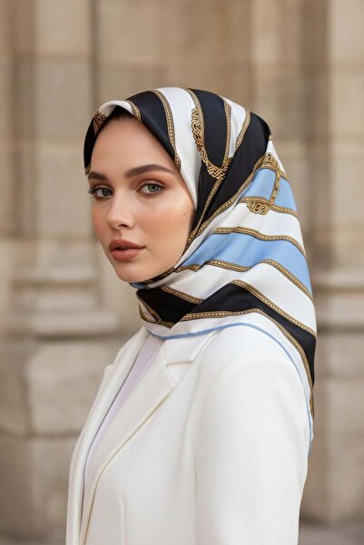 Vissona %100 Twill İpek Kemer Desenli Siyah - Bebe Mavisi Renkli 90x90 Eşarp ...