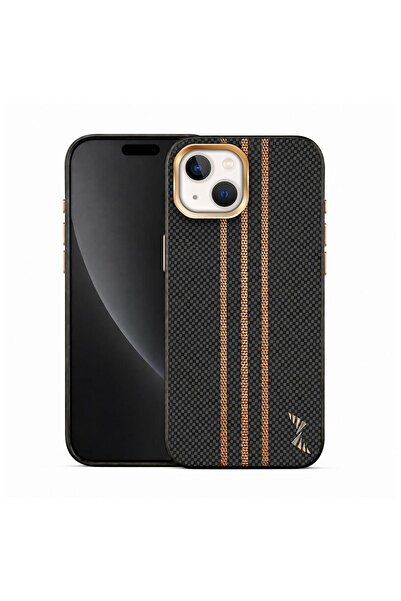 Zebana Apple iPhone 13 Uyumlu Kılıf Goldrix Karbon Fiber M-Safe Kılıf Siyah
