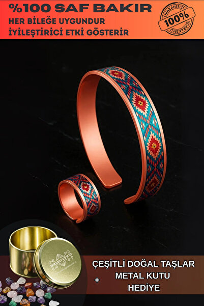 OSMANLI GÜMÜŞ Women's Copper Bracelet Ring Set - Rainbow Model Special Editio...