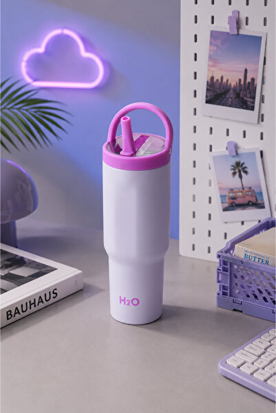 H2O Termos Kupa Bardak Pipetli Paslanmaz Çelik 960 ml | Mor