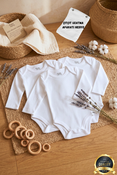 Premium %100 Organik Pamuk Ribana 3'lü Beyaz Uzun Kol Bebek Body Zıbın Çıtçıtlı Bebek Badi Set