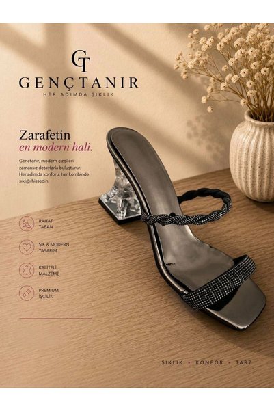 GENCTANİR SHOES Women's Silver Stone Banded Transparent Heeled Evening Dress Slippers