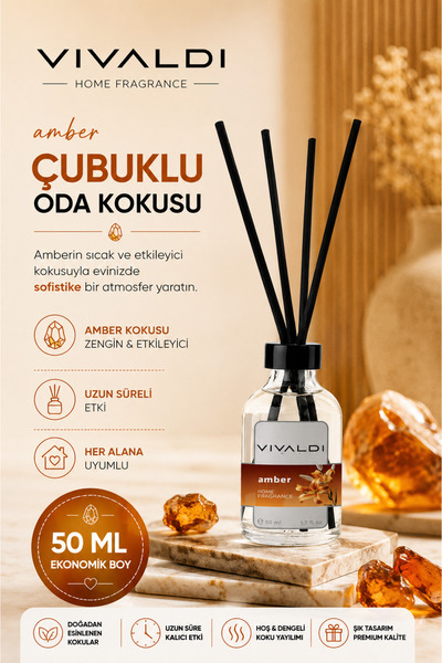 Vivaldi Home Amber Çubuklu Oda Kokusu 50 ml, Sıcak ve Oryantal Koku, Kalıcı O...