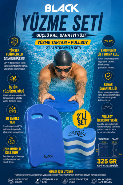 BLACK 2 Parça Yüzme Seti – Yüzme Tahtası + Pullboy - 325 Gr Su Emmeyen Dayanı...