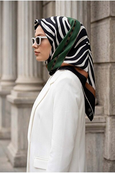 Vissona %100 Twill İpek Zebra Desenli Vizon - Zümrüt Yeşili Renkli 90x90 Eşar...