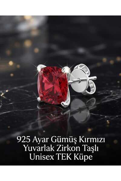 Begonia Accessories 925 Ayar Gümüş Kırmızı Zirkon Tek Taş Küpe – Unisex Pimli...