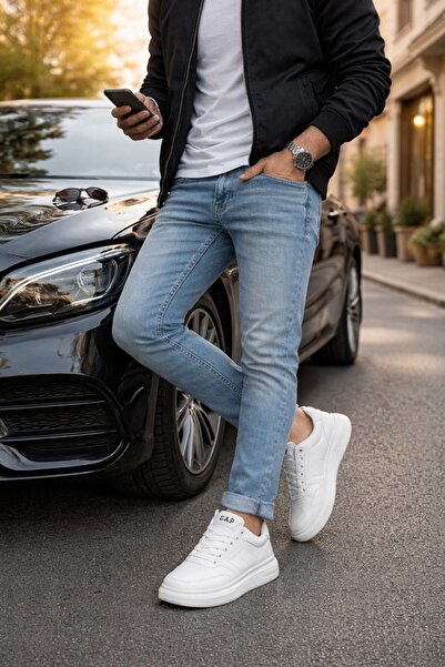 Ayakkabı Vakti Pantofi sport casual pentru bărbați, albi, cu talpă groasă sne...
