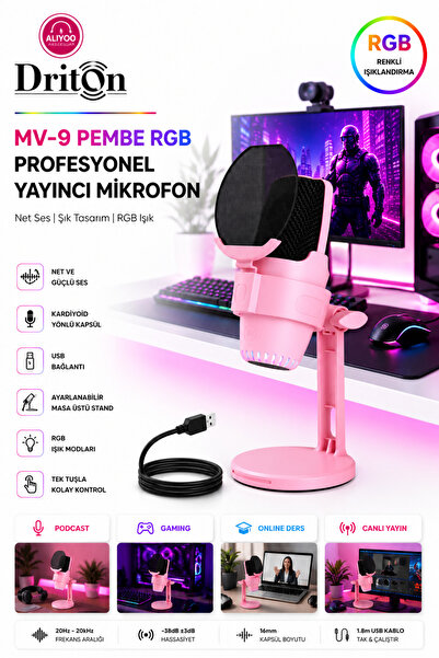 DRİTON Mv-9 PEMBE Rgb Usb Oyuncu Yayıncı Ve Podcast Için Uyumlu Condenser Mik...
