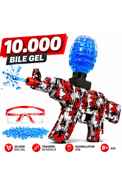 PinkBlue Pusca electrica automata AK-47 set cu 10.000 bile gel, ochelari de p...