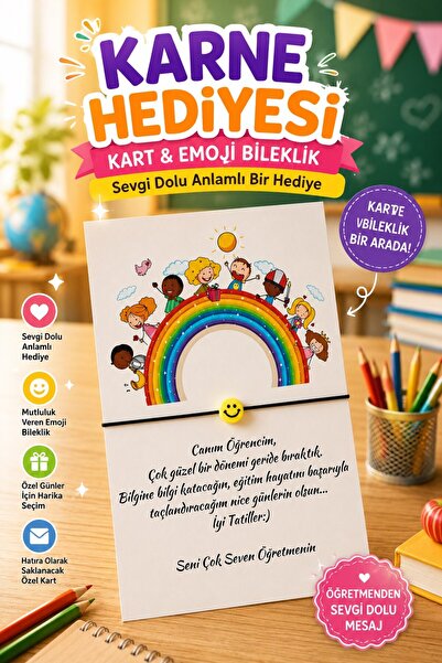Emtory Home 20'li Gökkuşağı Çocuk Kartlı Emoji Bileklik - Okul Hediyesi - Karne
