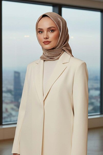 Vissona %100 Twill İpek Minik V Desenli Bej Renkli 90x90 Eşarp Dikim Şekli : ...