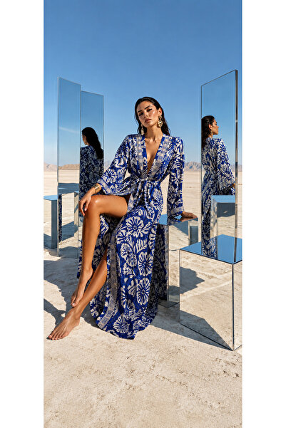 laviyonsa Halat lung din mătase cu imprimeu și caftan tip kimono