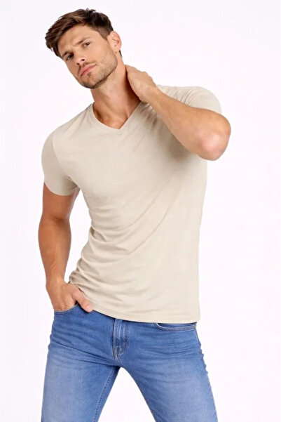 Generic Brand Men's T-Shirt V-Neck Slim Fit Tight Fit Lycra T-Shirt Daily Bas...