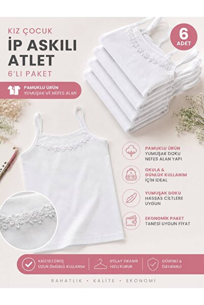 Gizem iç giyim KIZ ÇOCUK ATLET İP ASKI PENYE PAMUK'LU 6'LI PAKET DANTEL DETAYLI
