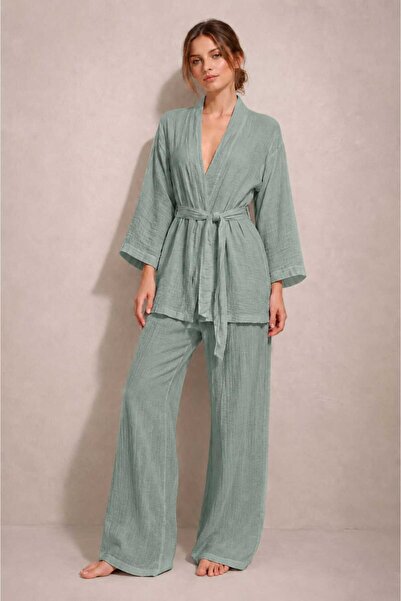estewoman müslin %100 pamuk kimono&pantolon 2 li takım