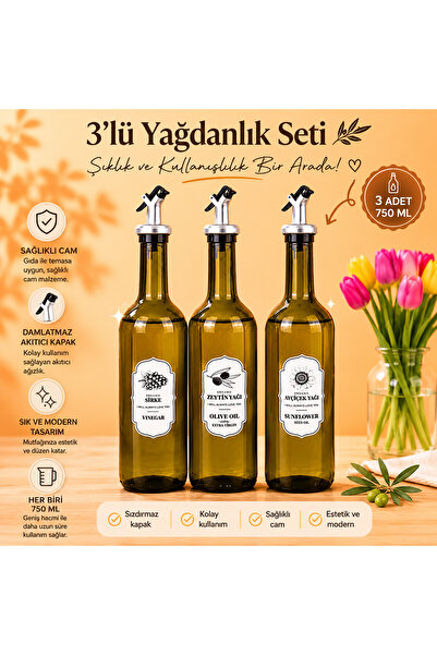 mafa home 3'lü Cam Yağdanlık Seti Başlıklı Sirke Zeytinyağı Ayçiçekyağı Şişes...
