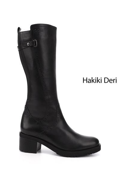 GÖNDERİ(R) Women/Girls Black Zippered Thick Heeled Genuine Leather Boots