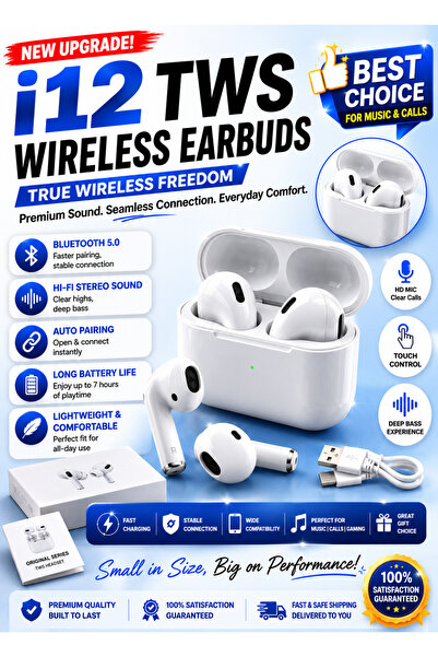 i12 TWS Wireless Bluetooth Earbuds with Charging Case – Hi-Fi Stereo Sound & ...
