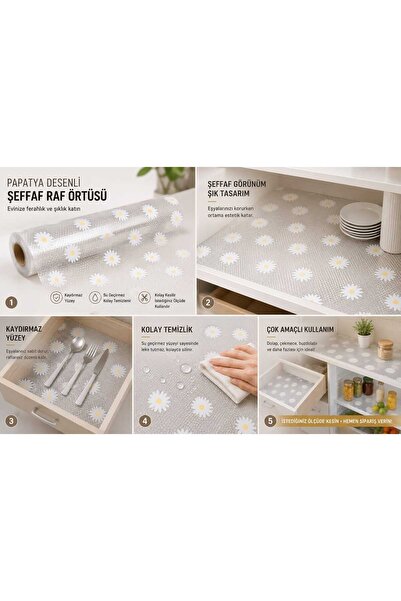 yek home tekstil evinizin her yerinde 1-3-5-10 Metre X 45 Cm Papatya Tasarımlı Kaymaz Raf Astarı Rulosu Buz Dolabı Papatya Desenli Şeffaf Dolap Içi, Çekmece Raf Örtüsü Kaydırmaz