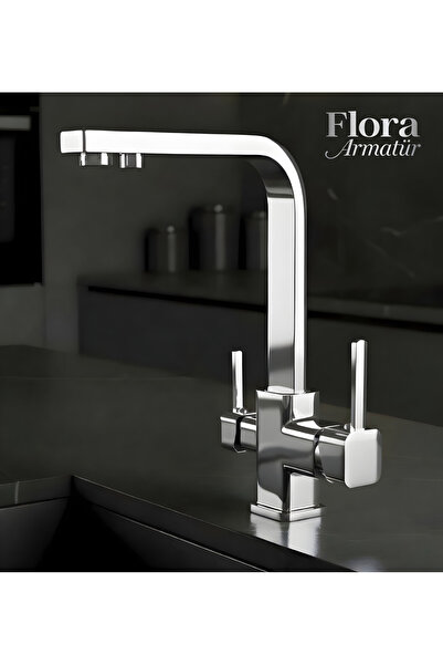 Flora Block - Kare Krom 3 Yollu Arıtmalı Mutfak Bataryası – Pirinç Gövde, Pas...