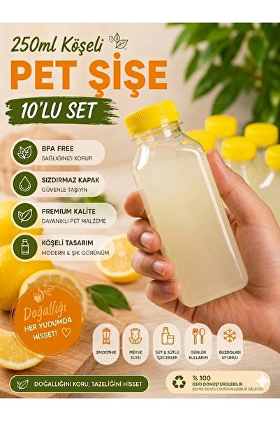troykar Özer Home 10 lu 250 ml Sızdırmaz Kapaklı Kare Detoks Meyve Suyu Şişe ...