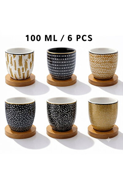MIBRU Premium Nordic Ceramic Coffee Cups 100ml Set of 6 with Wooden Saucers