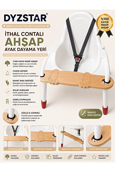 DYZSTAR İthal Contalı Ahşap Mama Sandalyesi Ayak Desteği Kayın Masif Ahşap, P...