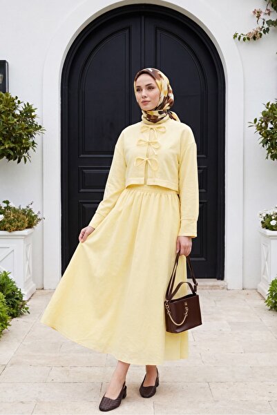 Modamorfo Linen Look Suit with Lace-Up Front and Elastic Waist Skirt - Yellow