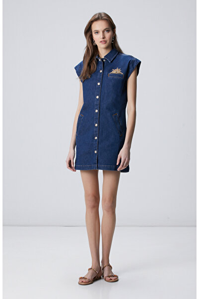 Network Koyu Indigo Mavi Patch Detaylı Mini Denim Elbise