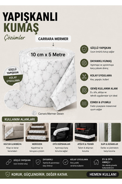 Aybas 10 cm x 5 Metre Carrara Mermer Desenli Yapışkanlı Kumaş Bant – Kendinde...
