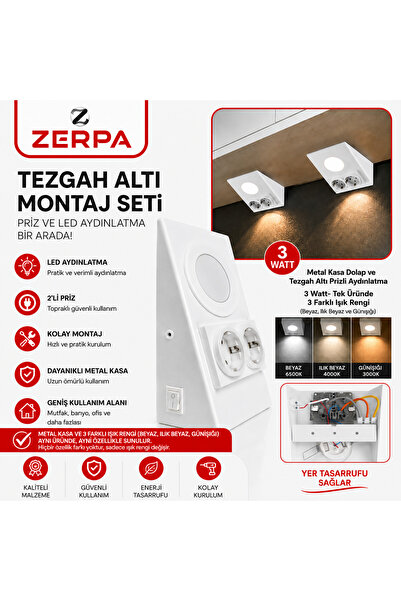Masfitech Metal Kasa Dolap ve Tezgah Altı Prizli Aydınlatma 3 Watt- Tek Üründ...