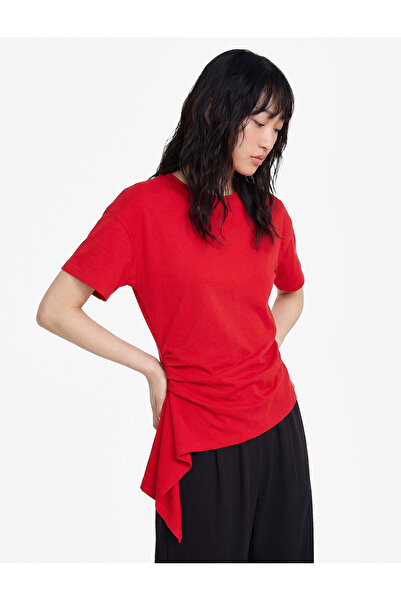 Cotton Crew Neck Short Sleeve Drawstring Detailed Asymmetrical T-Shirt